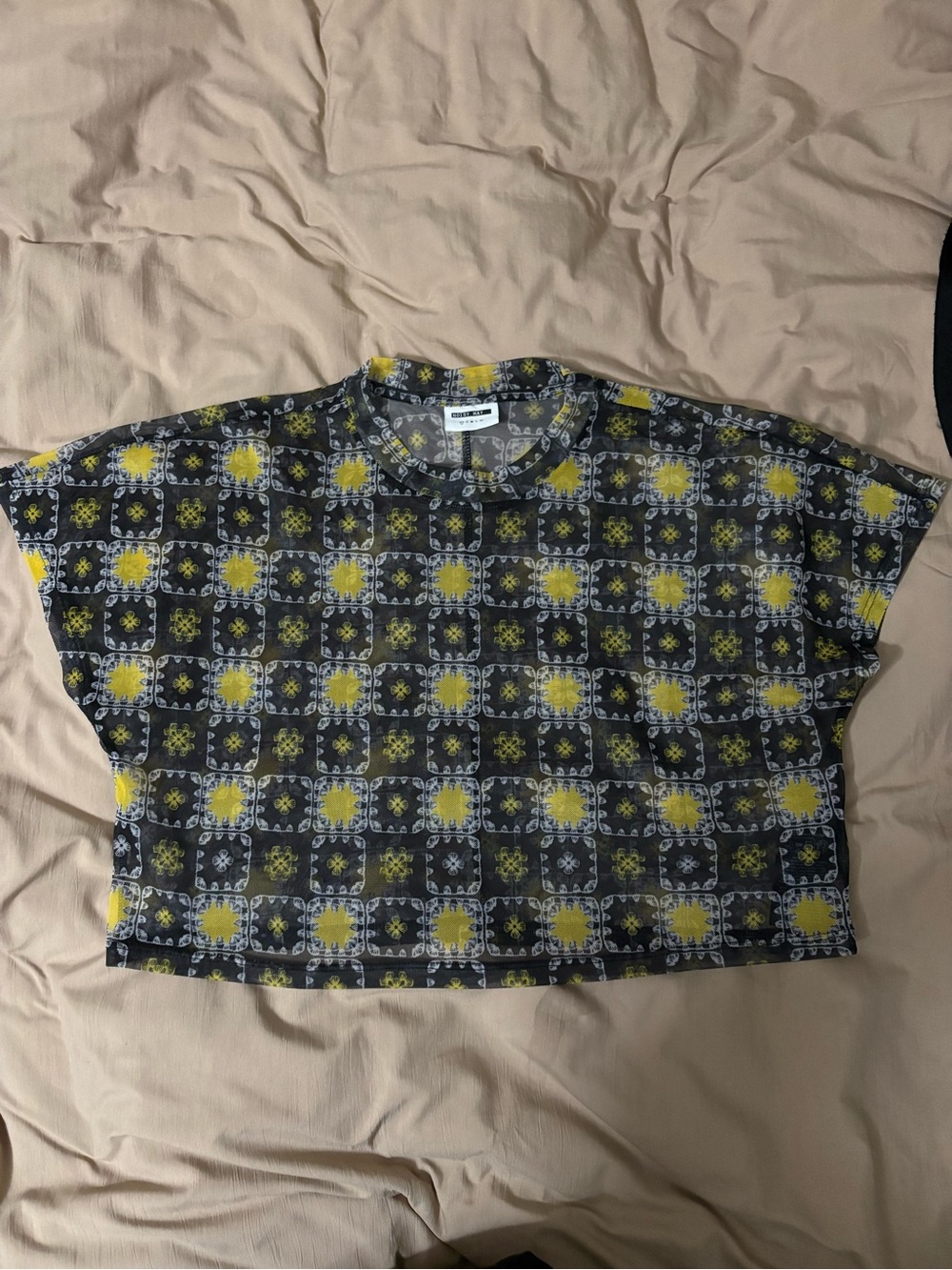 Noisy May Black & Yellow Patterned Mesh Crop Top
